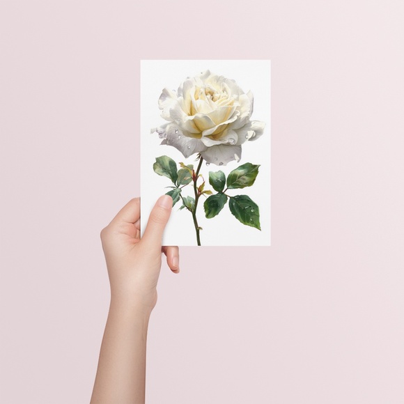 Watercolor Single White Rose Wall Art Print Poster, Unframed - Delicate Floral - Picture 5 of 6